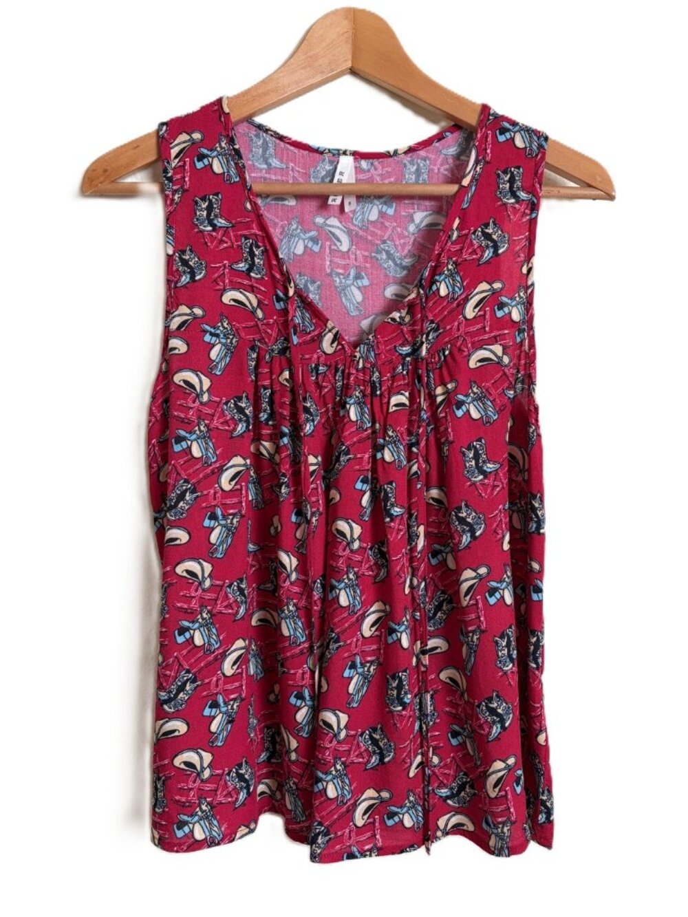 Roper Western Tank Top Small Red Cowboy Hat Boots Print Sleeveless Cowgirl Rodeo